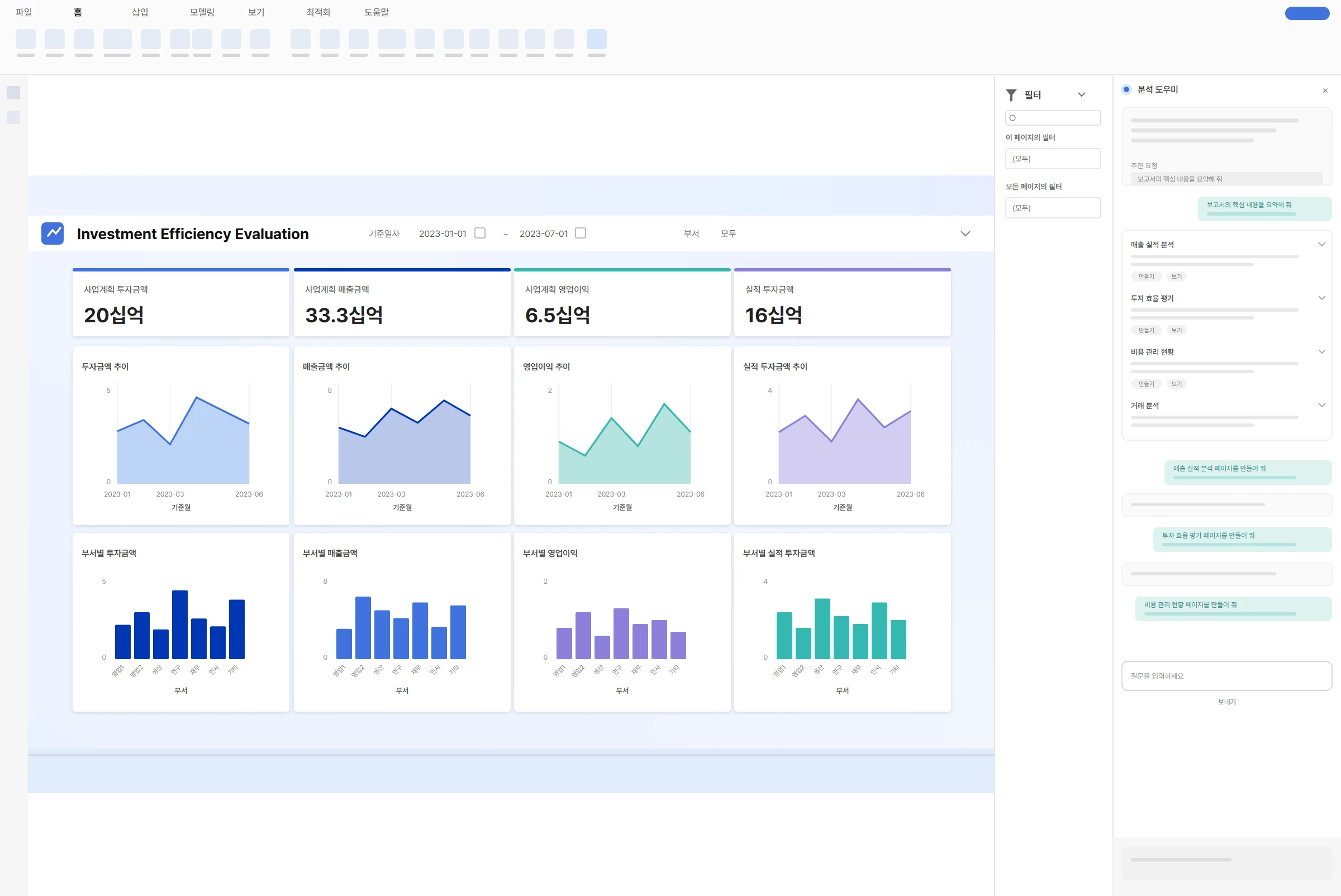 KPI 카드 4개와 영역·막대 차트, 오른쪽 대화형 분석 패널로 구성된 Investment Efficiency Evaluation 상세 데이터 분석 화면